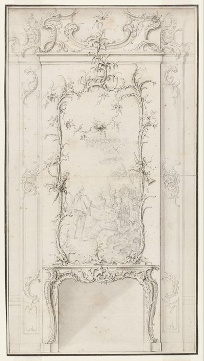 Ontwerp voor een muurpaneel met open haard door Johann August Nahl